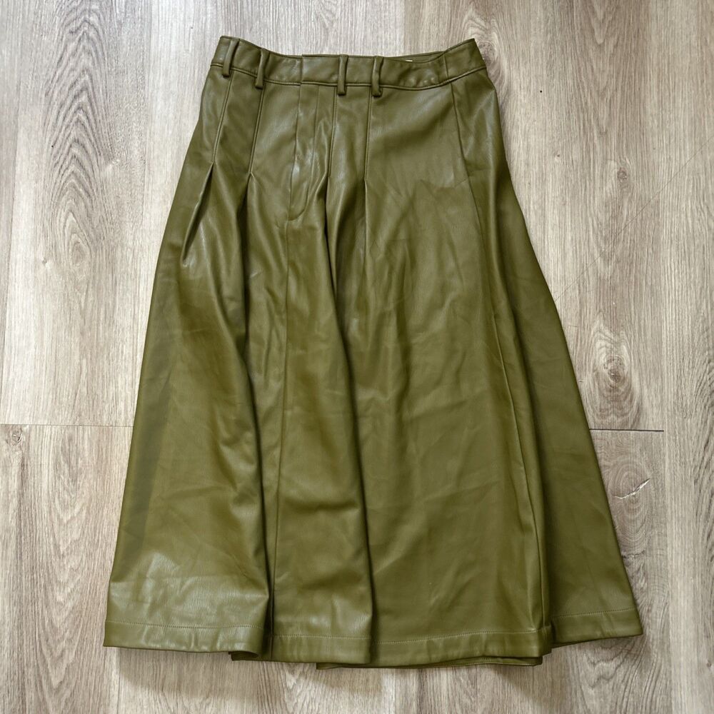 Anthropologie Trouser Midi Skirt Women's 10 Olive Green Faux Leather Pleated